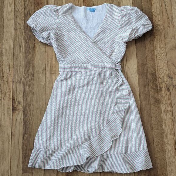 Draper James RSVP Puff Sleeve Wrap Seersucker Ruffle Striped Dress - Picture 2 of 6